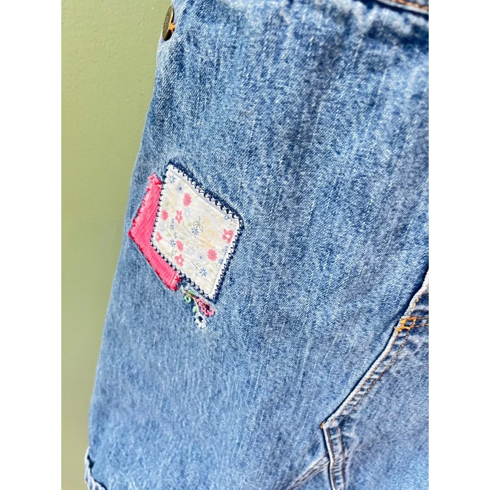 Vtg. OshKosh Bgosh Girls Denim Overall Jumper Dress Floral Patchwork Blue Size 6